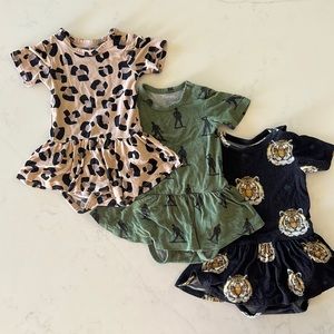 Three Posh Peanut Short Sleeve Twirl Skirt Bodysuits. Size 3-6 months.
